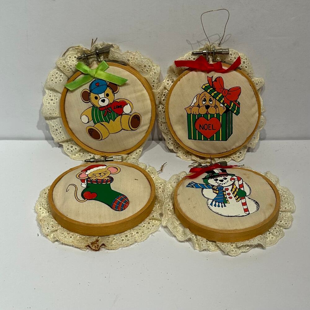 Vintage Handmade Christmas Ornaments Set of 4 Bear Puppy Mouse Snowman